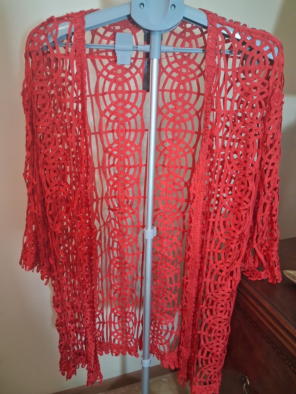 Red Intricate Silky Crochet Openwork Cardigan